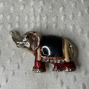 Gold Tone Elephant Pin Brooch Clear Rhinestones Red Off White Black Enamel